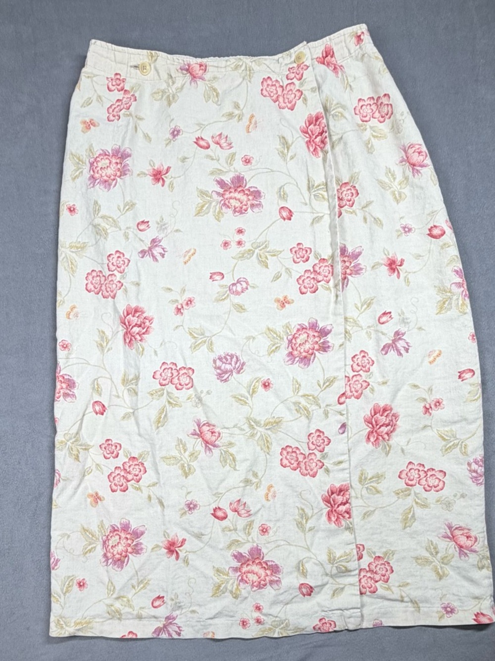 Vintage Eddie Bauer Linen Pink Floral on Cream Wrap Skirt